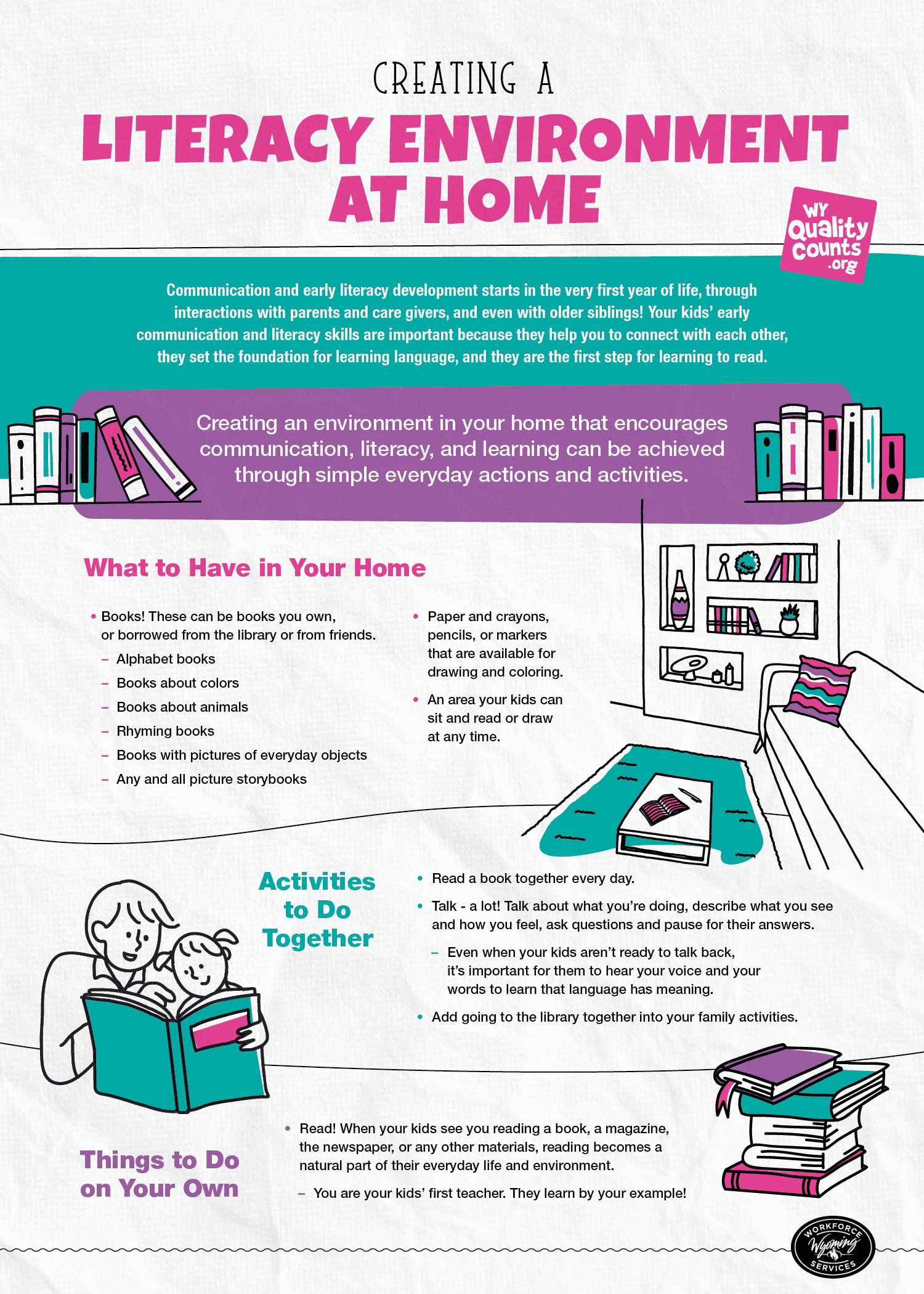 Fun illustrations such as a parent stretching, sun rays, sound waves, and speech bubbles, demonstrating how your mood can effect your kids.