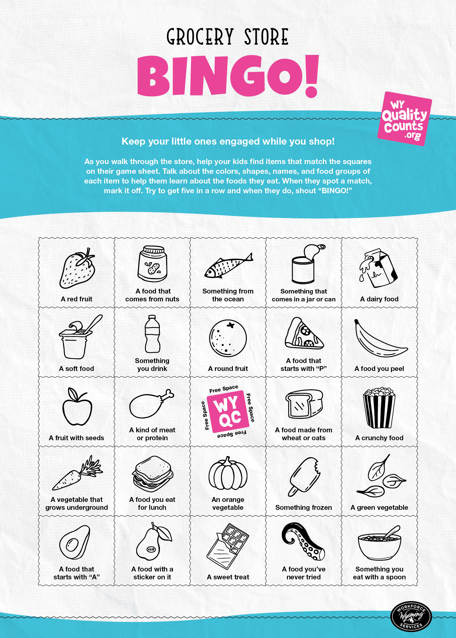 Here is a fun game to play with your kids while grocery shopping! This has a bingo board of things to look out for while shopping